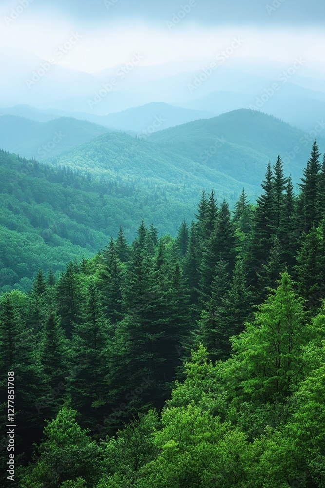 Obraz premium Misty Mountain Majesty A Serene Vista of Verdant Forested Peaks Under a Soft Haze Capturing Nature's Tranquility and Scenic Beauty from an Elevated Angle