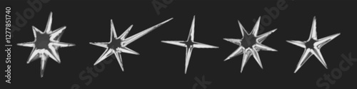 Y2k 3d chrome halftone stars shape retro abstract elements vector illustration set. Chrome silver 3d metallic halftone semitone retro effect collection. Y2k space various star retro futuristic shapes.