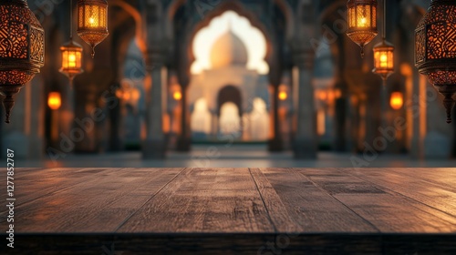 Warm Glow of Lanterns in Mosque Courtyard at Sunrise
