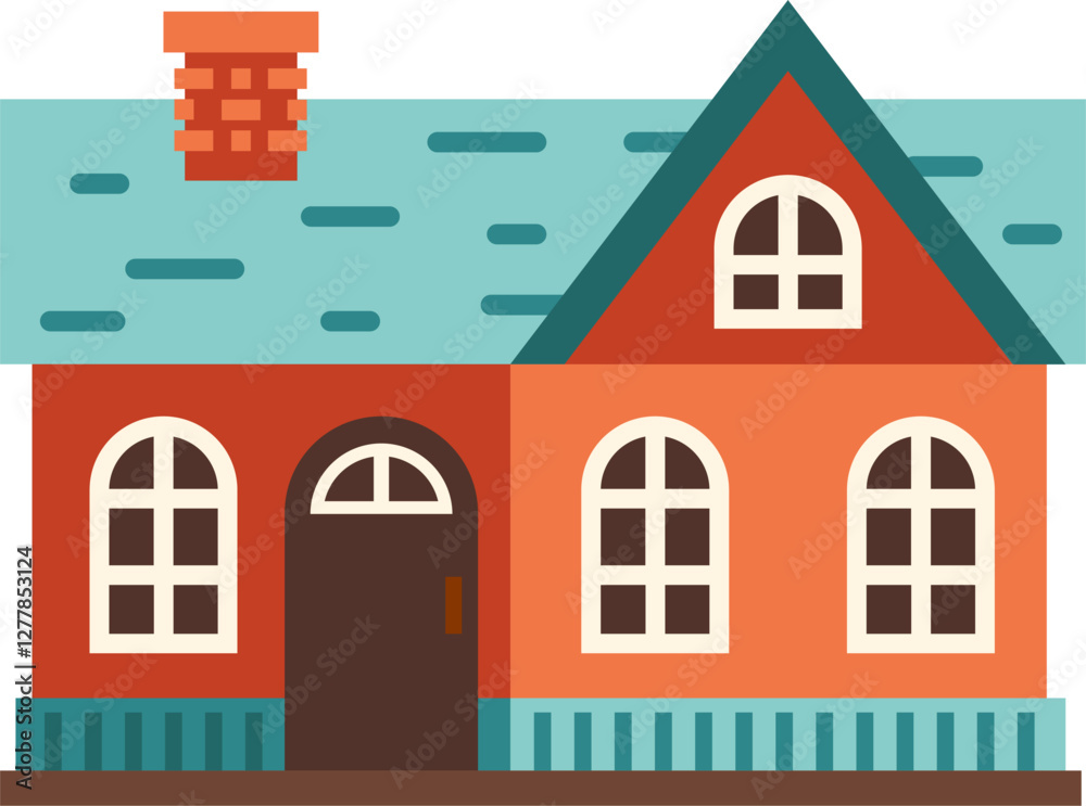 Charming illustration of a red suburban house with a teal roof, a brick chimney, arched windows, and a welcoming front door, perfect for real estate or architecture concepts Charming illustration of a red suburban house with a teal roof, a brick chimney, arched windows, and a welcoming front door, perfect for real estate or architecture concepts