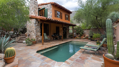 Wallpaper Mural charming outdoor space featuring stone house, swimming pool, and lush greenery. serene atmosphere invites relaxation and enjoyment Torontodigital.ca