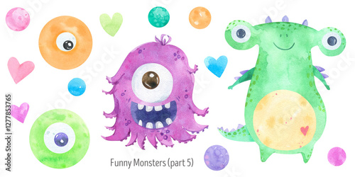 Watercolor set funny monsters illustrations. Colorful halloween characters, colorful aliens. For design invitations and greating cards