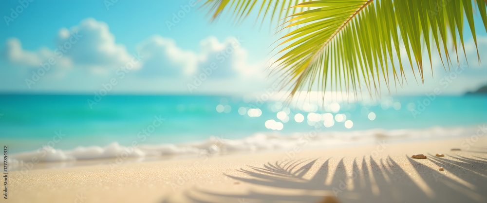 Tropical beach with palm leaf and turquoise sea, Summer Vacation Tropical beach with palm leaf and turquoise sea, Summer Vacation