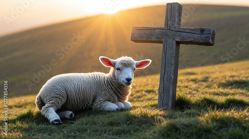 Eastergentle lamb resting beside wooden cross on grassy hill at sunrise, symbolizing themes of sacrifice and hope