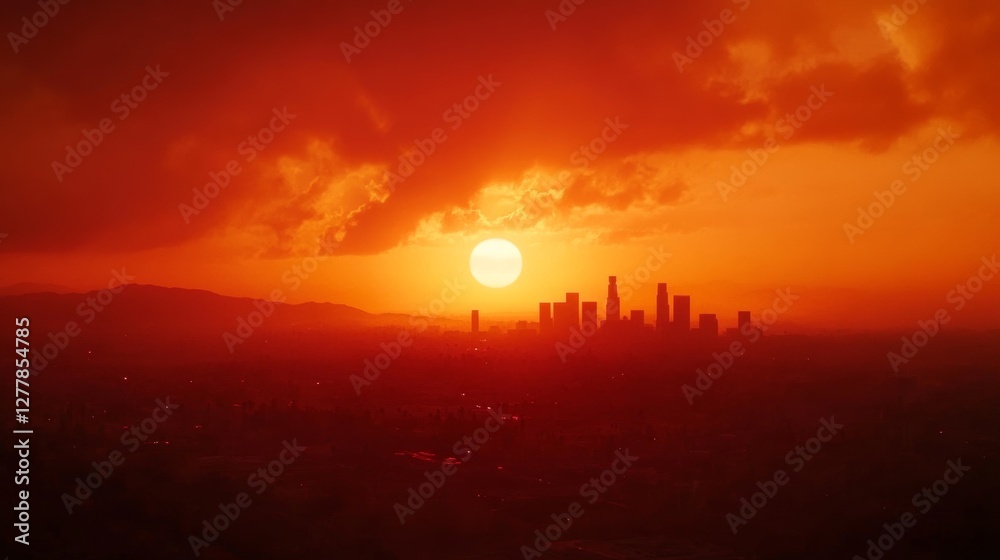 the skyline of los angeles during sunset the skyline of los angeles during sunset