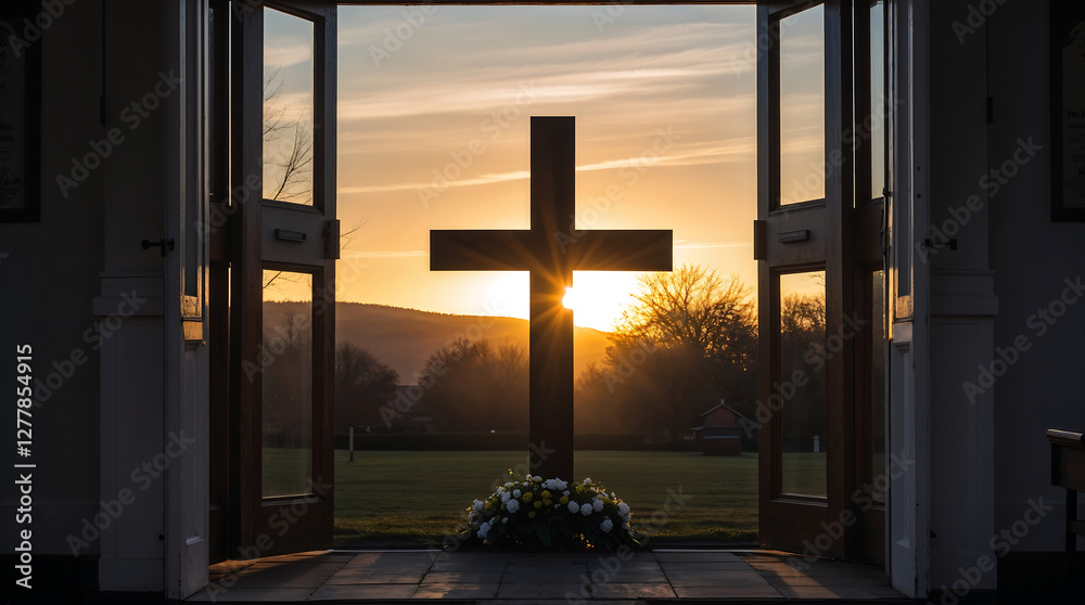 Naklejka premium Easterserene sunrise illuminates cross framed by open church doors, symbolizing hope and faith