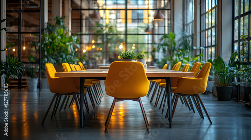 High-energy office environment with colleagues exchanging ideas in a spacious wellness-focused meeting room