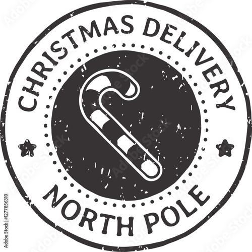 Round black and white Christmas delivery stamp coming from North Pole with candy cane inside and white stars around, useful for Christmas advertising