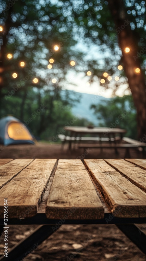 Rustic wooden picnic table at twilight camping site with glowing string lights and blurred tent creating a serene outdoor atmosphere for nature lovers Rustic wooden picnic table at twilight camping site with glowing string lights and blurred tent creating a serene outdoor atmosphere for nature lovers