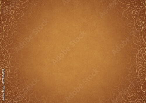 Yellow textured paper with vignette of darker color and golden hand-drawn pattern with splatters of golden glitter. Copy space. Digital artwork, A4. (pattern: p13-2a)