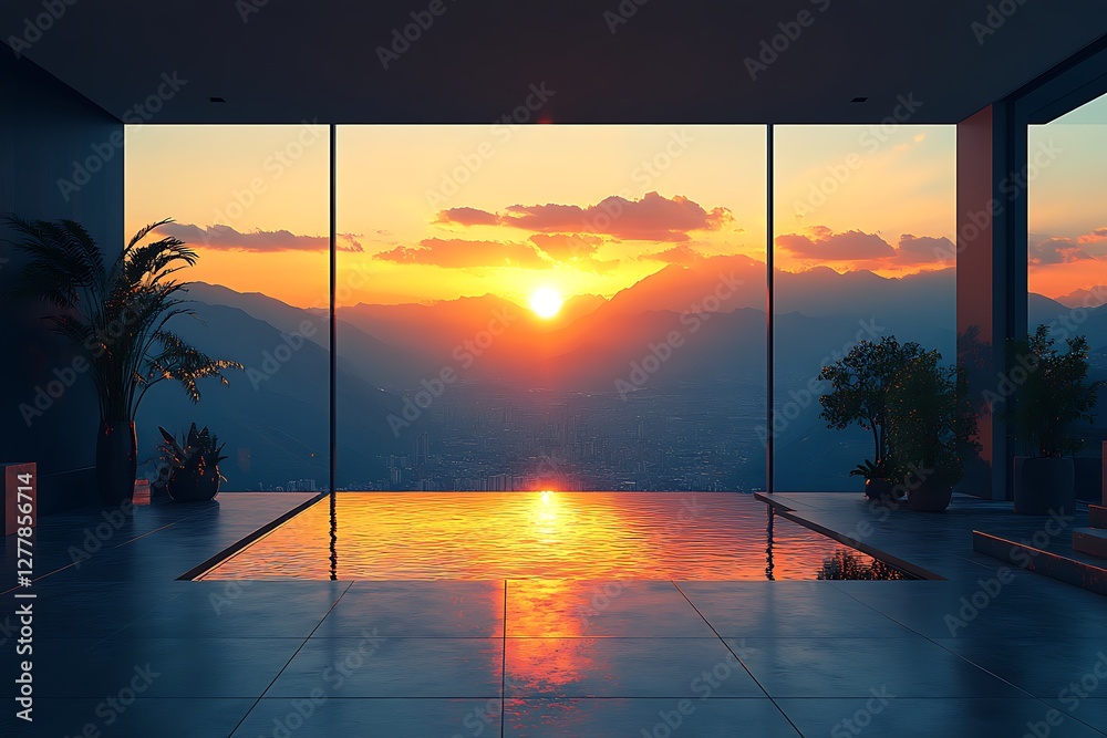 Serene sunset view from a modern indoor pool overlooking mountains, creating a tranquil atmosphere Serene sunset view from a modern indoor pool overlooking mountains, creating a tranquil atmosphere
