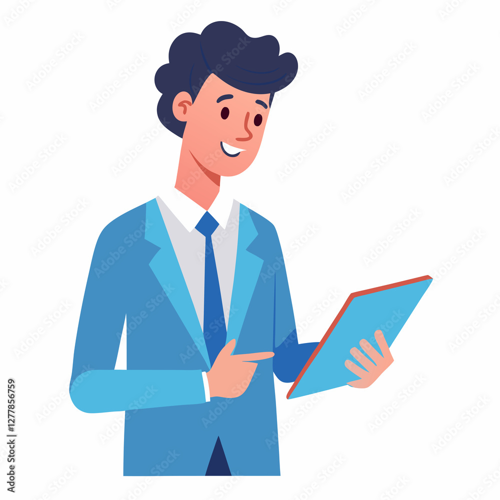Businessman studying stock tablet flat vector illustration on white background Businessman studying stock tablet flat vector illustration on white background