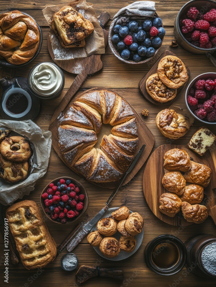 Exquisite assortment of pastries and fresh berries arranged on rustic wooden surface for bakery concept Exquisite assortment of pastries and fresh berries arranged on rustic wooden surface for bakery concept