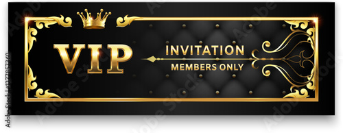 Luxurious black and gold VIP invitation banner with crown, elegant decorations, and quilted pattern, inviting members only to an exclusive event