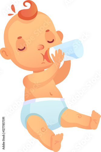 Cute baby with red hair and closed eyes, sitting in a diaper and happily drinking milk from a bottle, enjoying a moment of nourishment against a clean white background