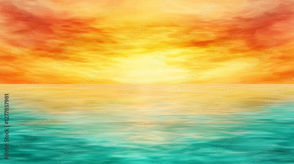 Naklejka premium vibrant sunset over tranquil ocean, featuring warm orange and yellow hues blending into cool turquoise waters, creating serene and peaceful atmosphere
