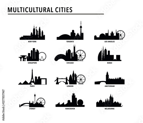 Largest multicultural cities index - logo, icon pack with skylines of New York, Toronto, Los Angeles, Singapore, Chicago, Dubai, Paris, London, Amsterdam, Sydney. Vector bundle ranking, rating image