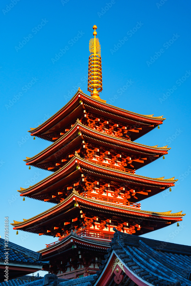 Japan beauty: five storied pagoda under blue sky and sunlight Japan beauty: five storied pagoda under blue sky and sunlight