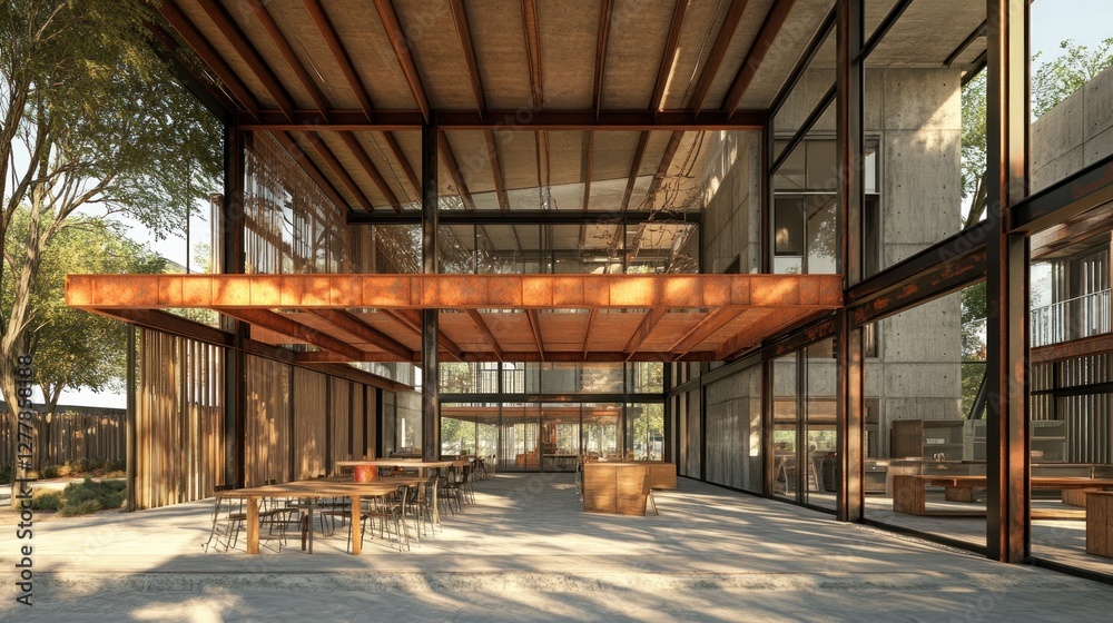 Modern open-plan office building, outdoor seating, trees Modern open-plan office building, outdoor seating, trees