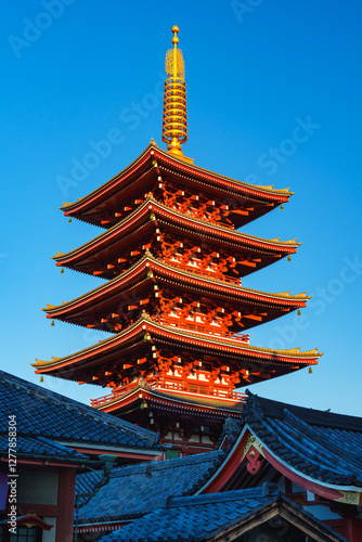 Japan beauty: five storied pagoda under blue sky and sunlight