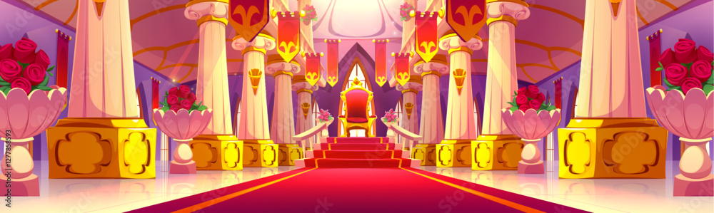 Fototapeta premium Castle ballroom interior with royal throne on red carpeted stairs. Ornate hall decorated by marble columns on golden pedestals, hanging flags, roses in vases. Elegant palace for fantasy game or tale.
