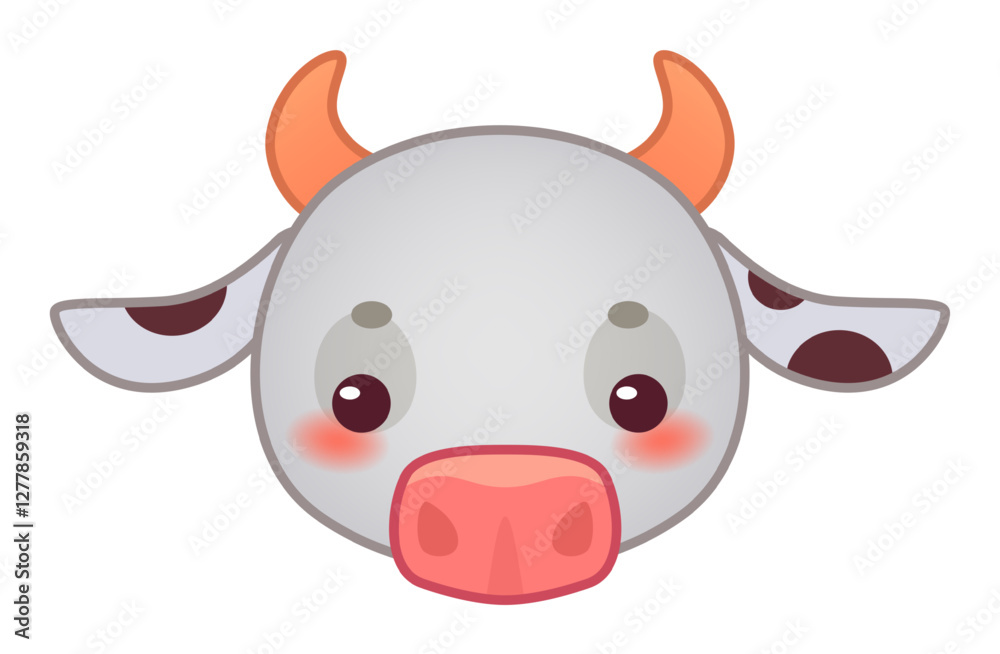 Naklejka premium Adorable cartoon cow face featuring big, innocent eyes, a pink nose, and rosy cheeks, creating a sweet and charming character perfect for children s books, posters, and nursery decor