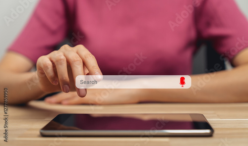 Woman hand touching on search browsing internet data information with tablet, Technology networking concept.