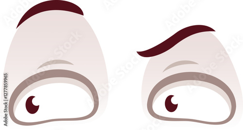 Cartoon eyes expressing confusion and suspicion, featuring one eye with a raised eyebrow, capturing emotions of doubt, uncertainty, and skepticism in a playful manner