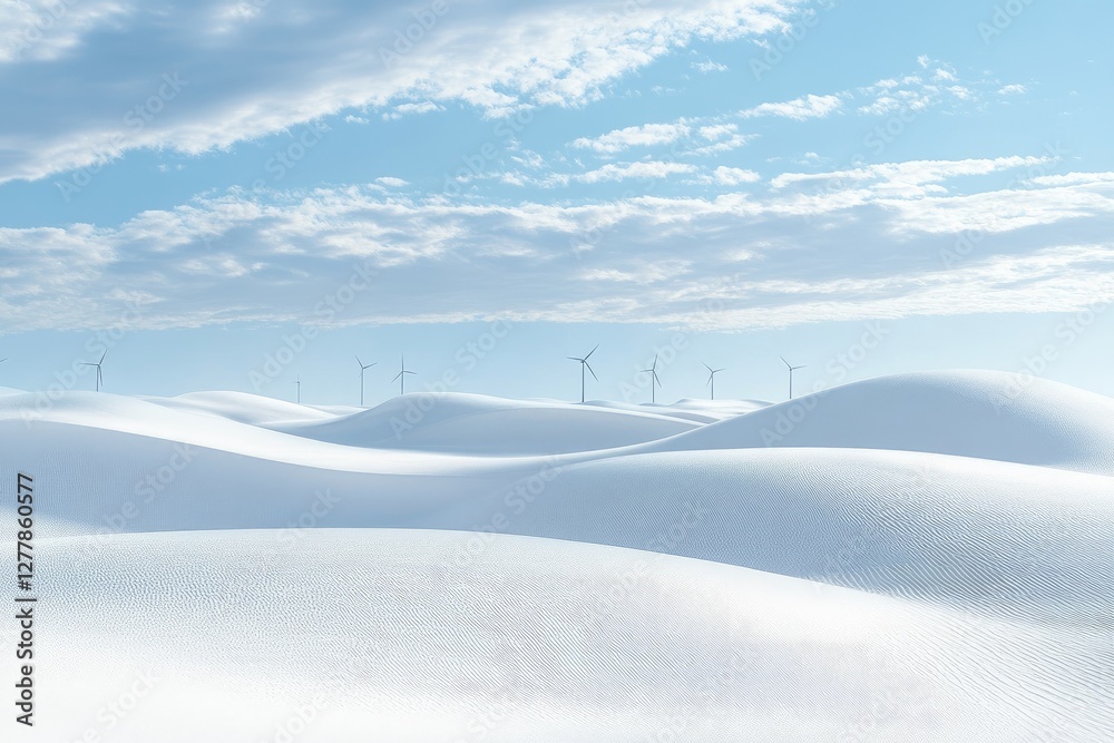 Wind turbines on snowy desert under a blue sky Wind turbines on snowy desert under a blue sky