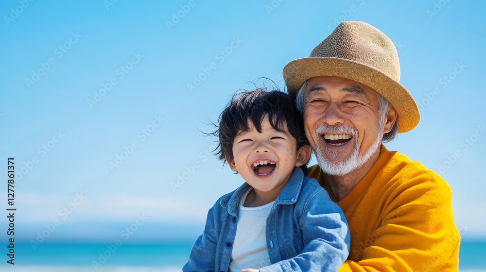 Grandfather and grandson laughing together outdoors against a blue sky Grandfather and grandson laughing together outdoors against a blue sky