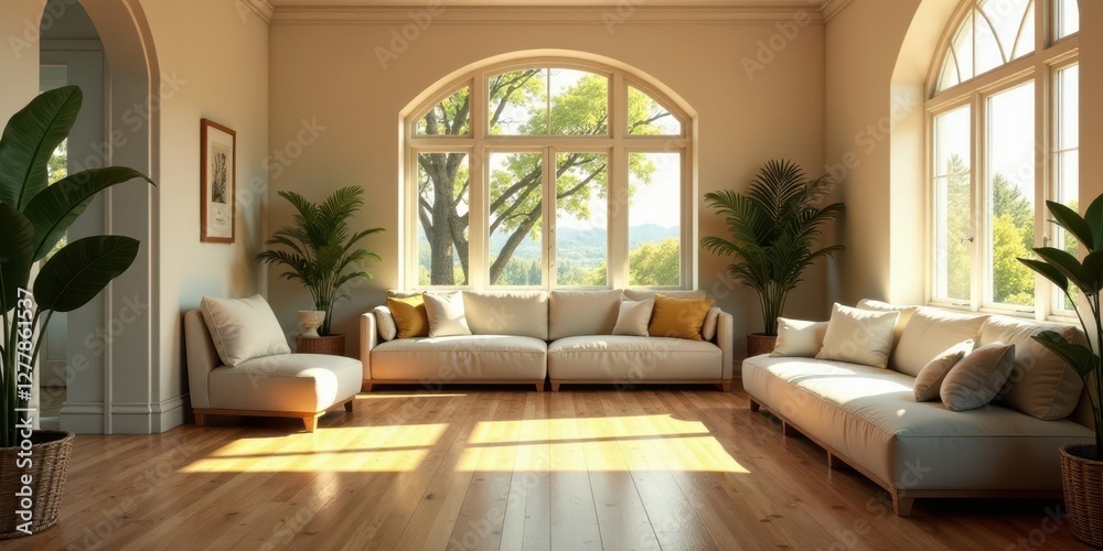 Fototapeta premium Sunlit Living Room with Elegant Neutral Furnishings and Lush Greenery