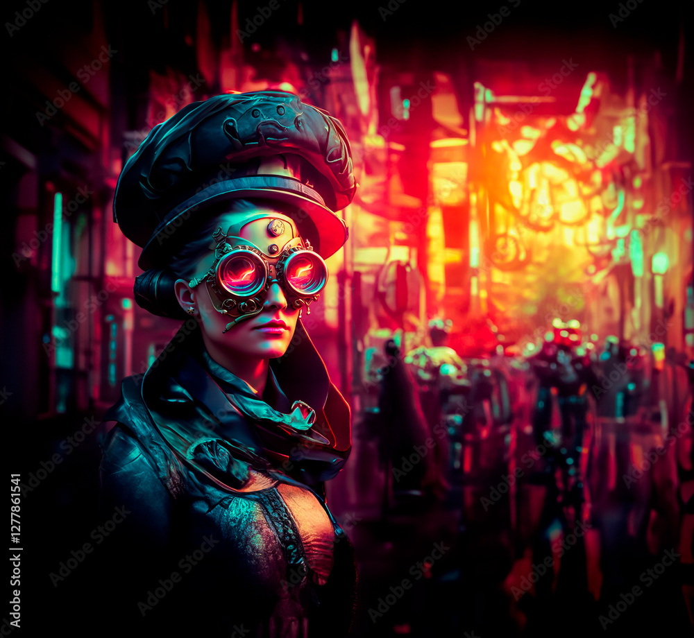 Steam punk Woman in a crowded street at night