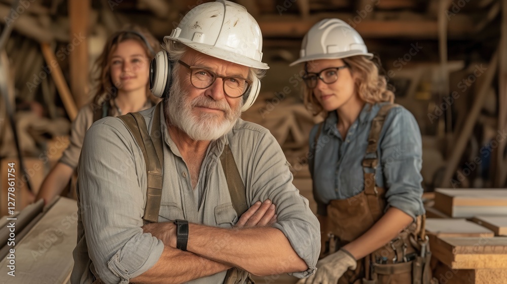 Three woodworkers pose in a workshop, highlighting their teamwork and diverse skills. older man exudes confidence, while the younger women actively contribute to the craft Three woodworkers pose in a workshop, highlighting their teamwork and diverse skills. older man exudes confidence, while the younger women actively contribute to the craft