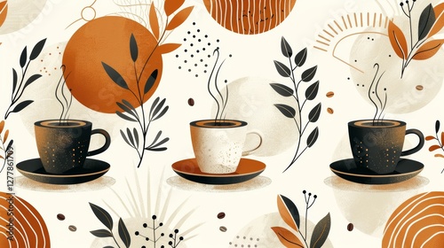 Abstract coffee cups with steam, plants, and geometric shapes on a white background