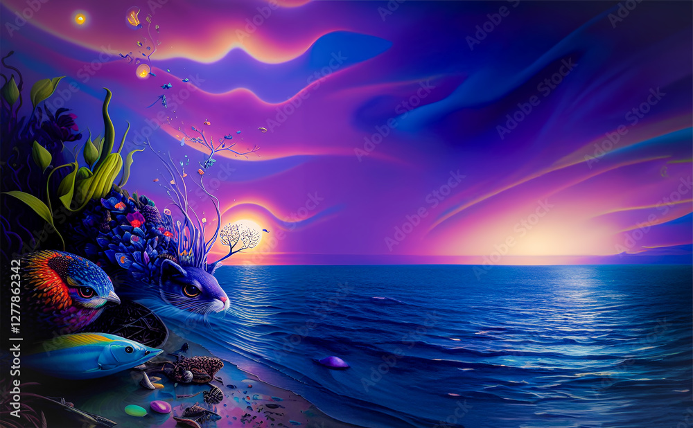 Fantasy creatures on the beach at night