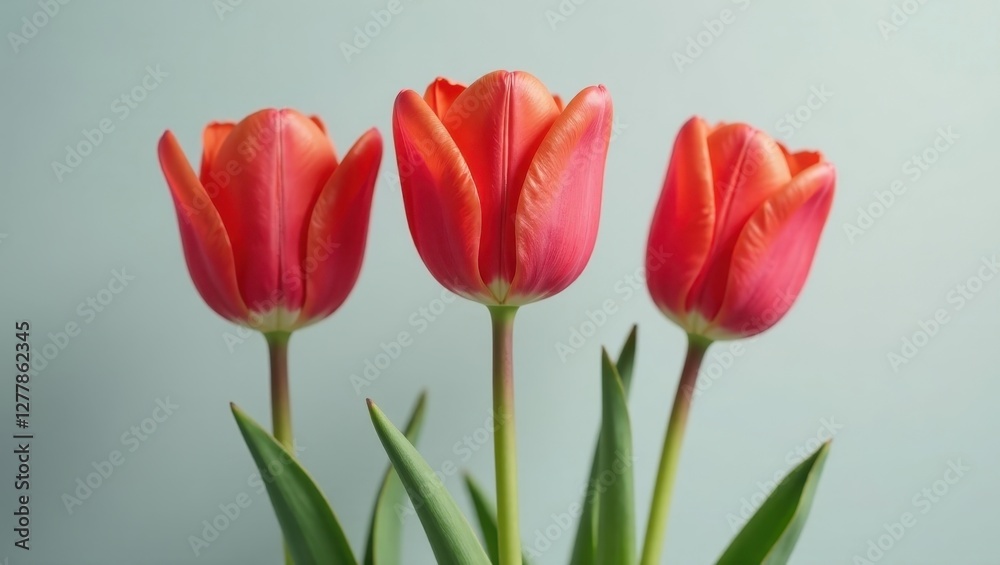 Three Vibrant Coral Tulips Gracefully Arranged Against a Soft, Pastel Background, Displaying Delicate Petals and Lush Green Foliage, a Symbol of Springtime Beauty and Renewal Three Vibrant Coral Tulips Gracefully Arranged Against a Soft, Pastel Background, Displaying Delicate Petals and Lush Green Foliage, a Symbol of Springtime Beauty and Renewal