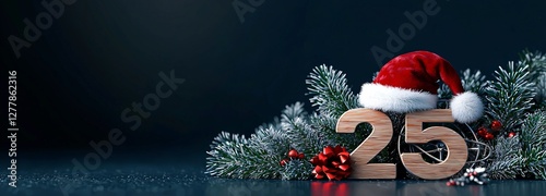 Festive 2025 Christmas holiday scene for seasonal greetings & promotions. Santa hat, '25' wood, pine, bow, wheel on dark blue. Ideal for text overlay.