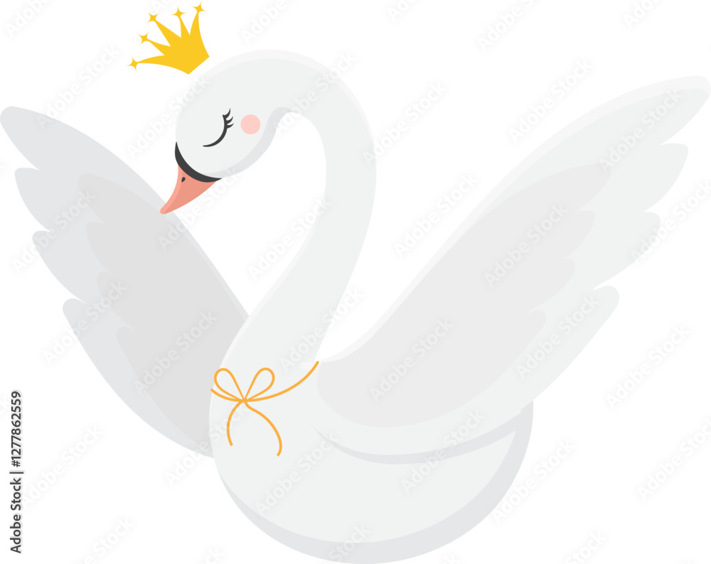 Cute illustration of a white swan wearing a golden crown, with open wings and a golden ribbon, perfect for children s book illustrations, greeting cards, baby shower invitations and wall art Cute illustration of a white swan wearing a golden crown, with open wings and a golden ribbon, perfect for children s book illustrations, greeting cards, baby shower invitations and wall art
