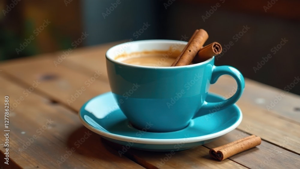 Aromatic Coffee in a Teal Cup with Cinnamon Sticks on a Rustic Wooden Table Aromatic Coffee in a Teal Cup with Cinnamon Sticks on a Rustic Wooden Table