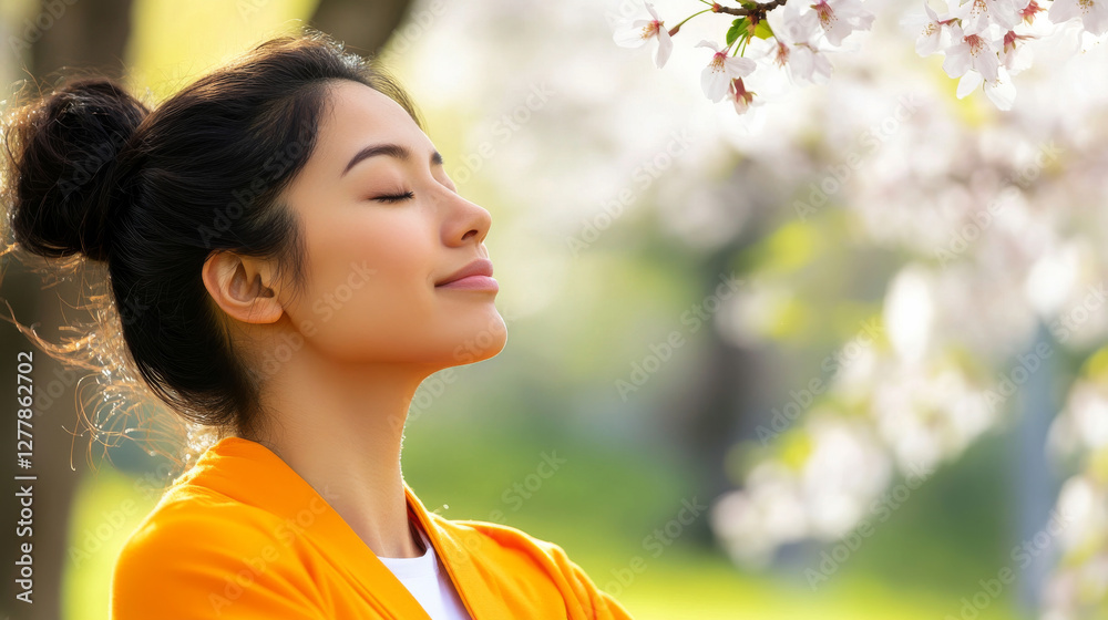 Woman with a peaceful expression enjoying spring cherry blossoms in a vibrant outdoor setting Woman with a peaceful expression enjoying spring cherry blossoms in a vibrant outdoor setting