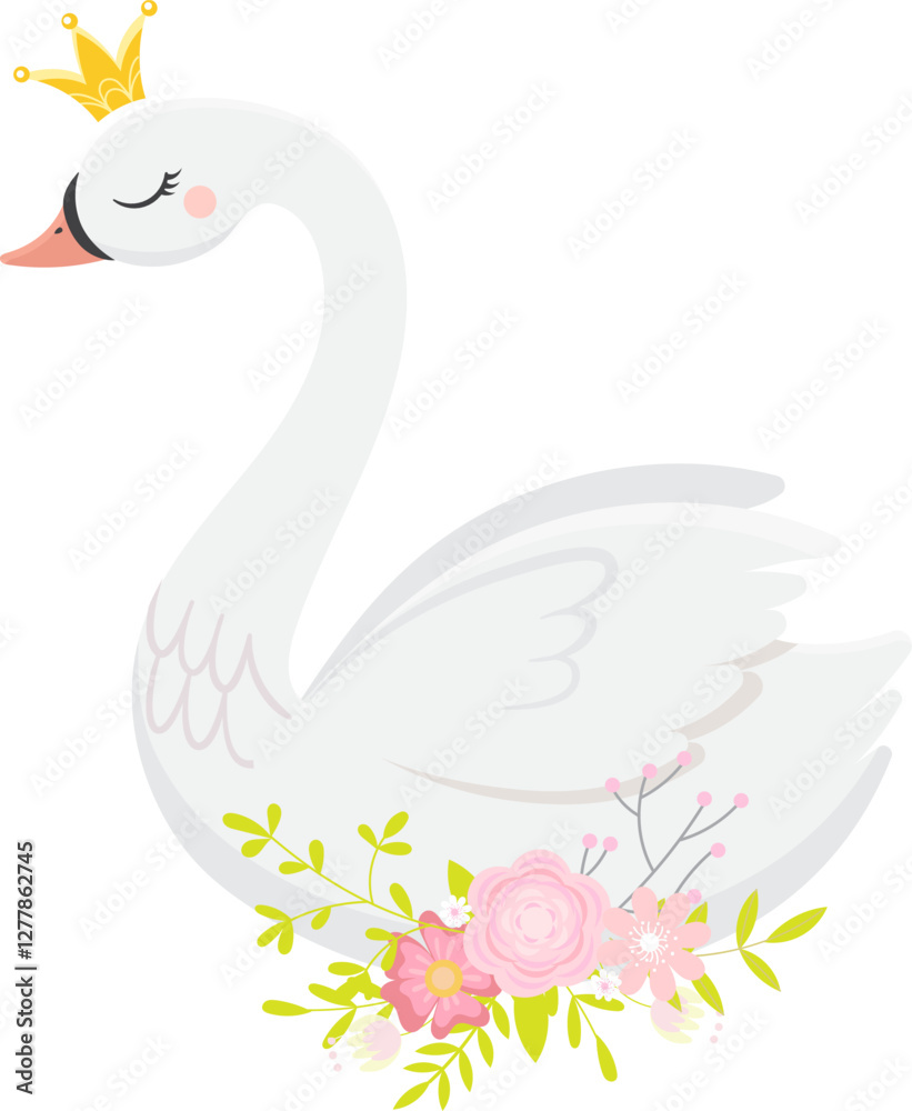 Obraz premium Cute illustration of a majestic white swan wearing a golden crown and surrounded by pink flowers and green leaves, creating a dreamy and elegant atmosphere