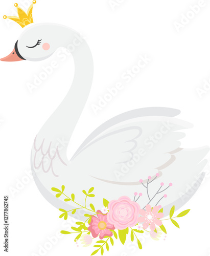 Cute illustration of a majestic white swan wearing a golden crown and surrounded by pink flowers and green leaves, creating a dreamy and elegant atmosphere