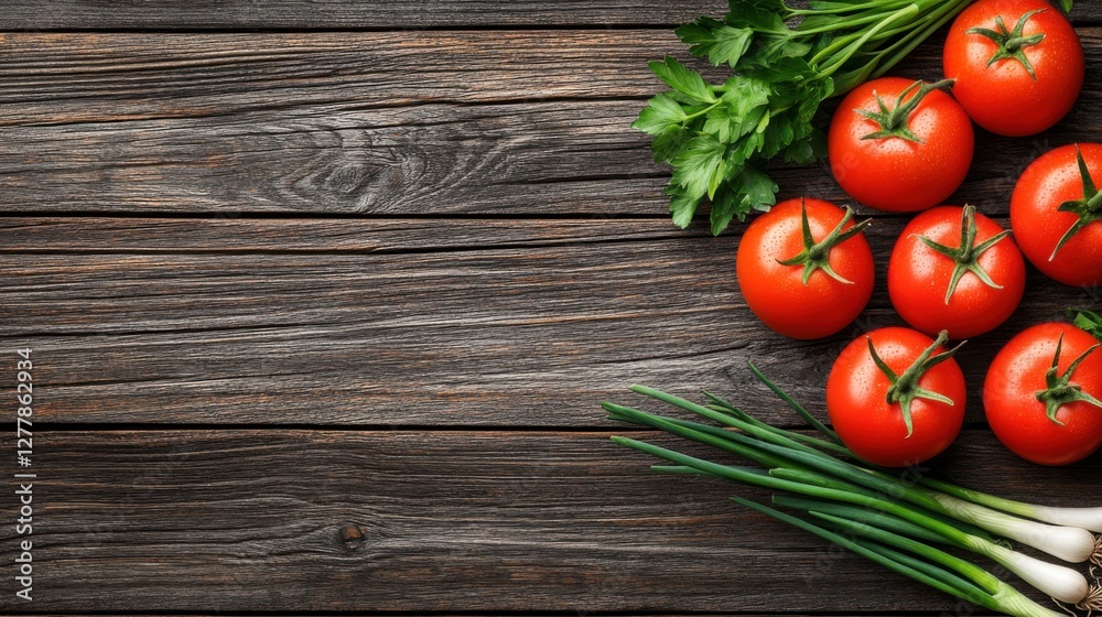 Fresh Red Tomatoes and Green Onions on Rustic Wooden Table with Herbs in Natural Light