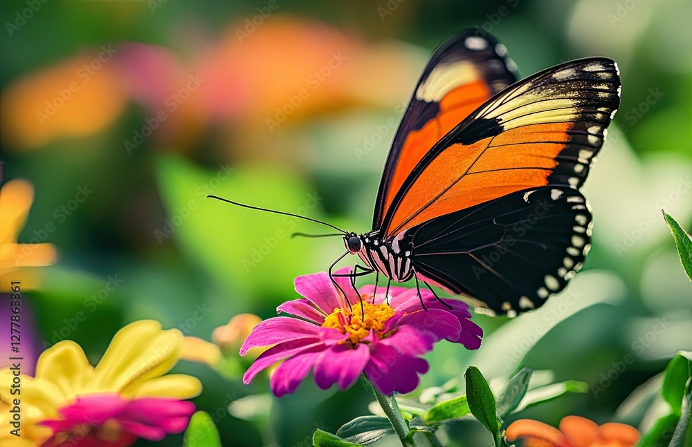A beautiful butterfly with vibrant orange and black wings resting on a colorful flower in a lush garden, with soft sunlight highlighting its delicate form. - A beautiful butterfly with vibrant orange and black wings resting on a colorful flower in a lush garden, with soft sunlight highlighting its delicate form. -
