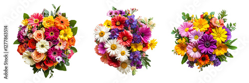 Set of vibrant flower bouquets with mixed blossoms isolated on a white or transparent background.