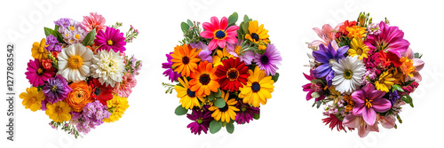 Set of vibrant flower bouquets with mixed blossoms isolated on a white or transparent background.