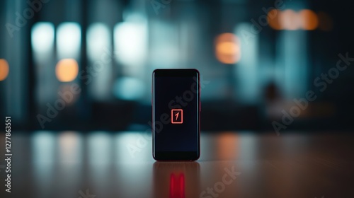 Close-up of a smartphone displaying low battery icon on screen, placed on wooden table. Concept of energy depletion, technology dependency, and need for recharging in daily life.