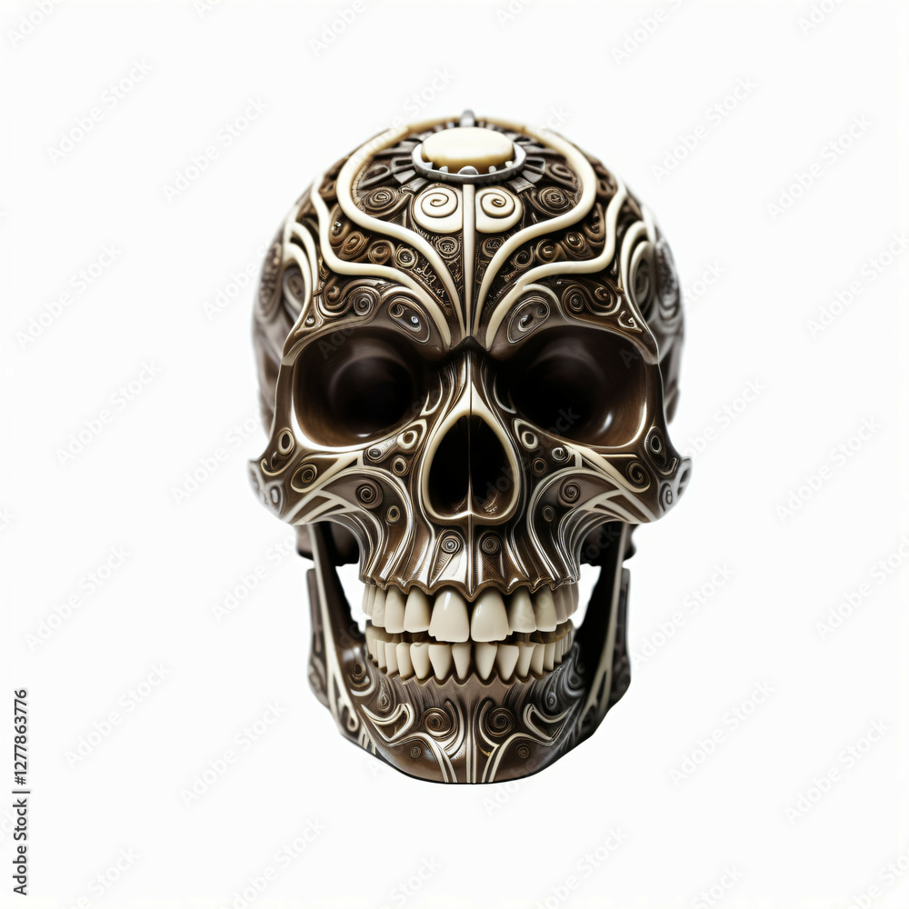 Fototapeta premium Human head skull. Isolated on white background. Tribal art style, Digital illustration.