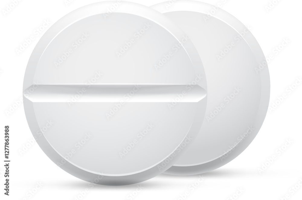 Two white round pills with a score line are lying on a white background, creating a simple yet effective representation of medicine and healthcare