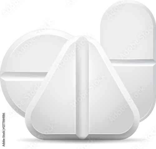 Three white pills in varying shapes arranged on a clean white background, symbolizing the concepts of medicine, healthcare, and treatment in the pharmaceutical industry